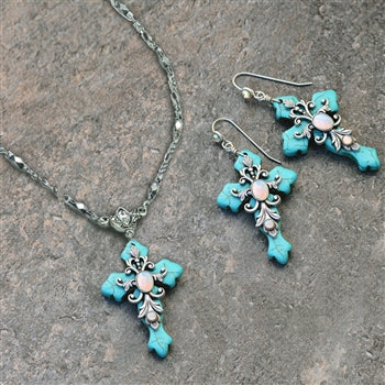 Turquoise Cross and Opal Stone Necklace and Earrings Set
