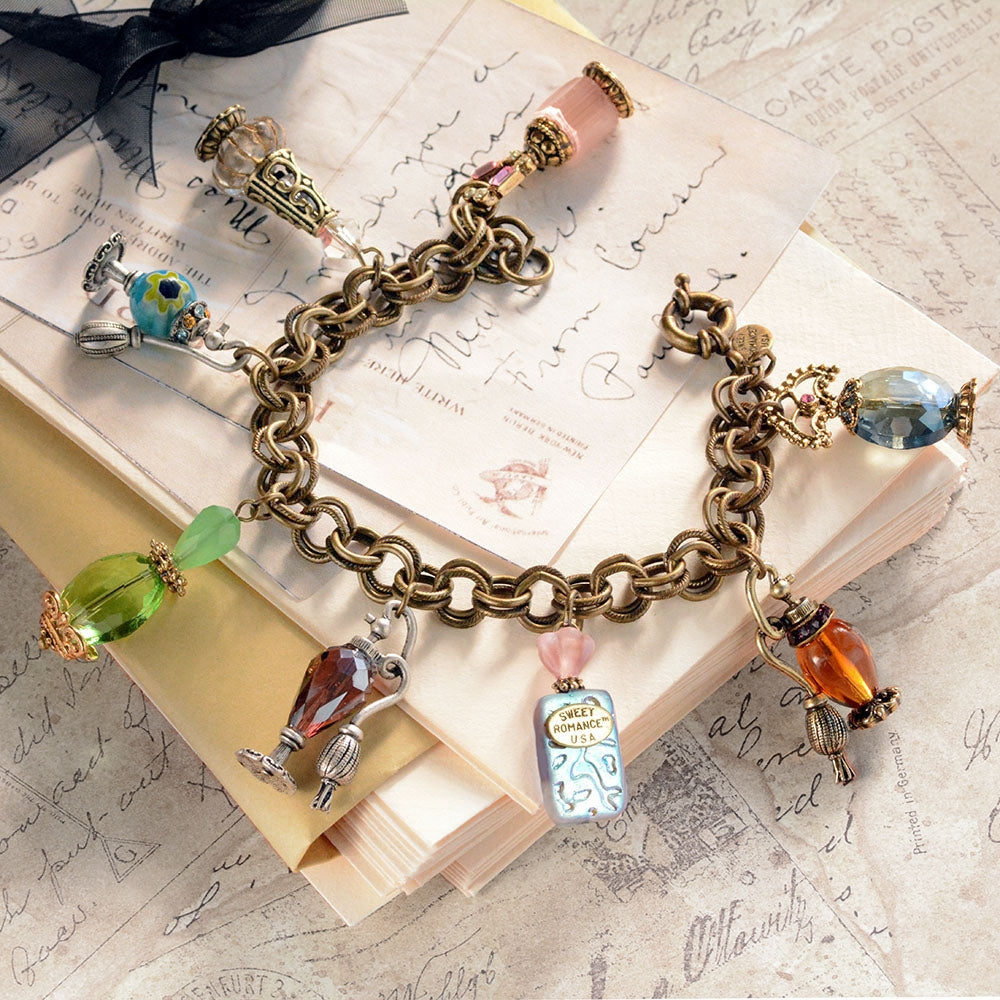 Charm Bracelet with Perfume Bottle Charms Gold Tone
