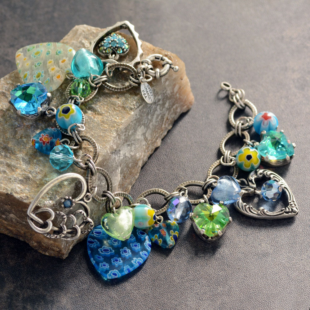 Blue and Silver Millefiori Heart Charm Bracelet