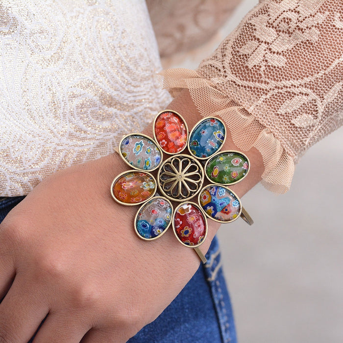 Millefiori Glass Candy Flower Cuff Bracelet BR524