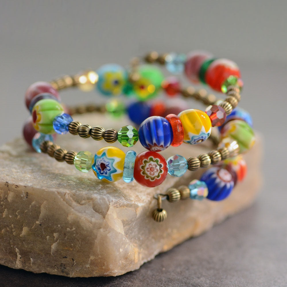 Millefiori Glass Candy Rainbow Bead Wrap Bracelet BR560
