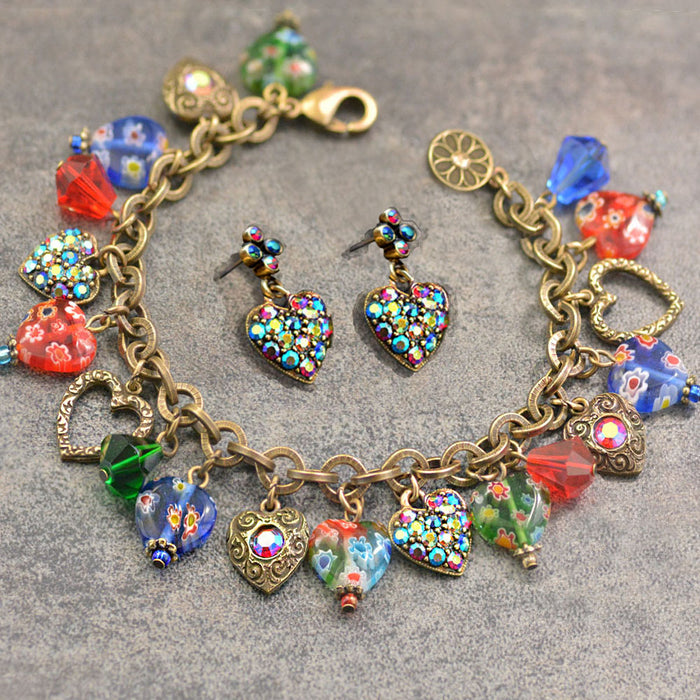 Millefiori Glass Hearts Charm Bracelet and Earrings SET