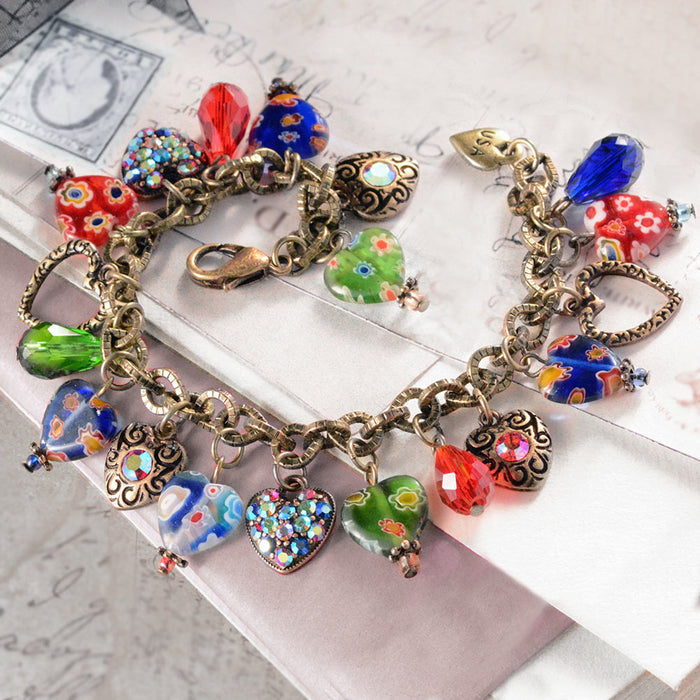 Millefiori Glass Hearts Charm Bracelet and Earrings SET