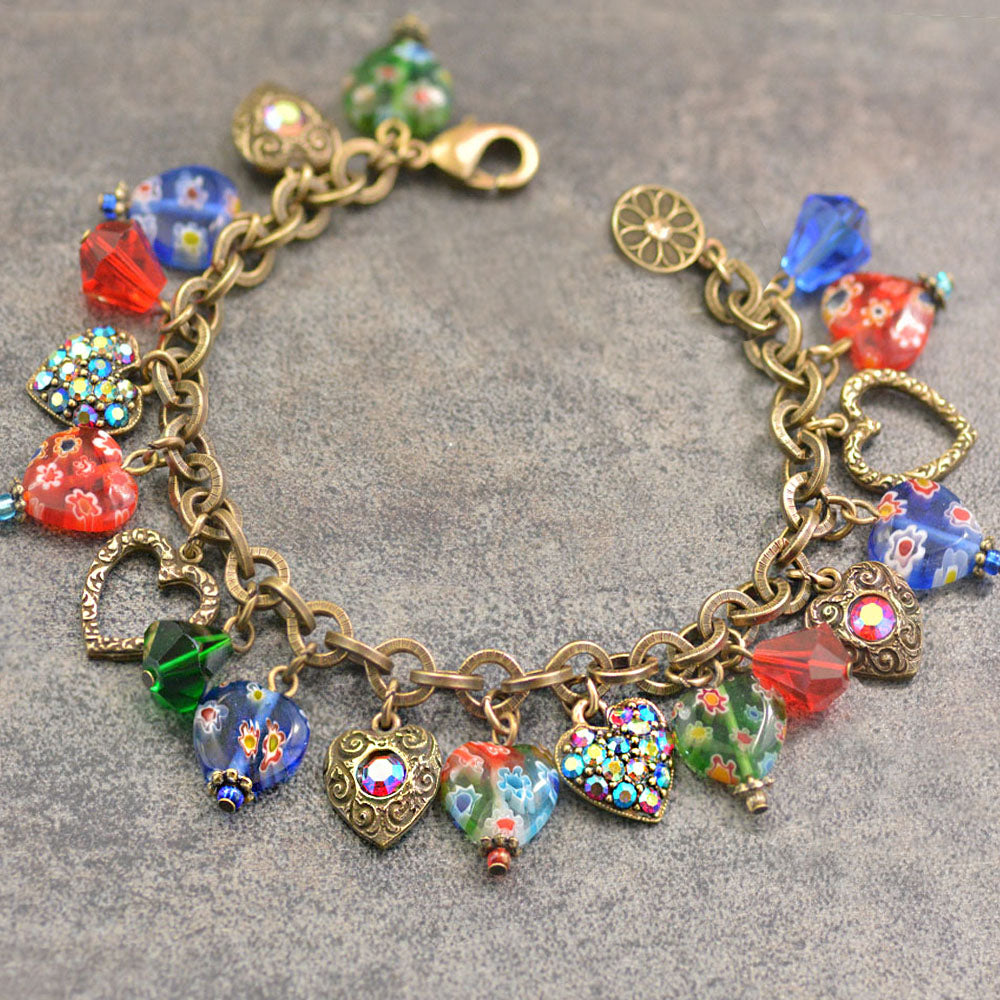 Millefiori Glass Hearts Charm Bracelet BR583