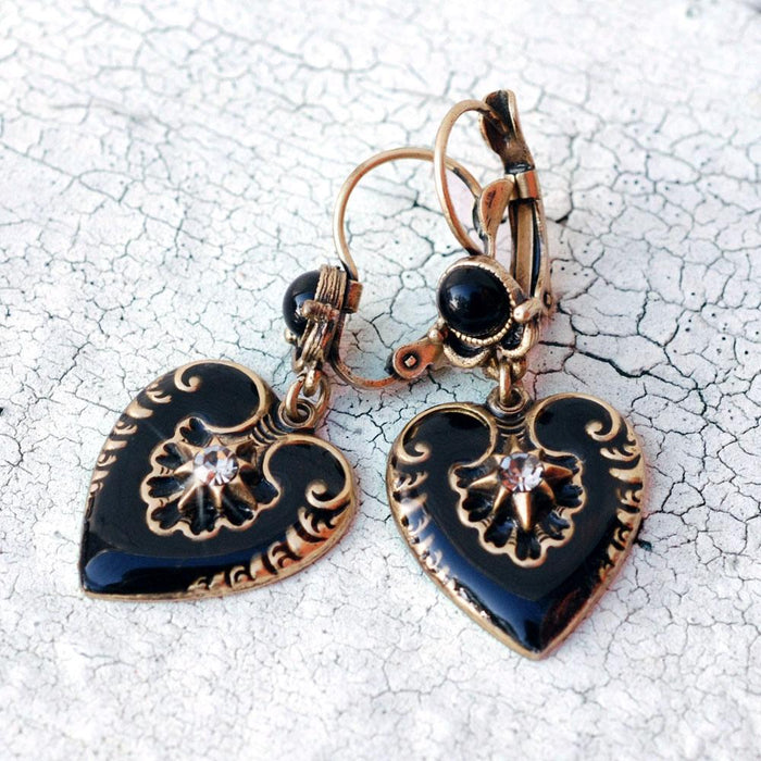 Black Enamel Hearts Earrings E1066 - Sweet Romance Wholesale