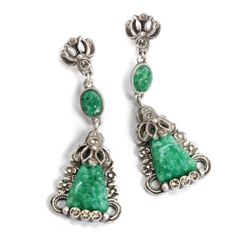 Art Deco Vintage Green Jade Glass Triangle Earrings E1095