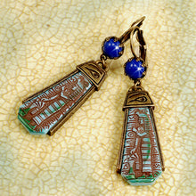 Load image into Gallery viewer, Art Deco Blue Goddess Egyptian Vintage Czech Glass Earrings E305