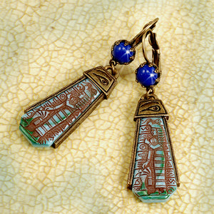 Art Deco Blue Goddess Egyptian Vintage Czech Glass Earrings E305