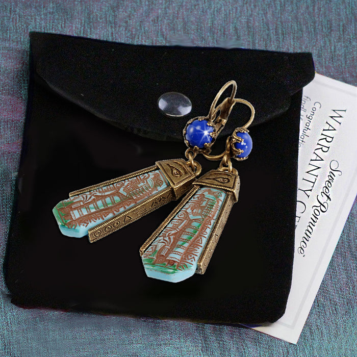 Art Deco Blue Goddess Egyptian Vintage Czech Glass Earrings E305