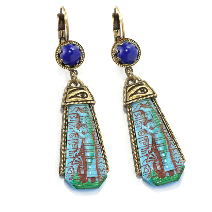 Art Deco Blue Goddess Egyptian Vintage Czech Glass Earrings E305