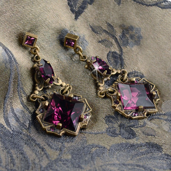 Art Deco Emerald Amethyst Vintage Squares Earrings E540-AM