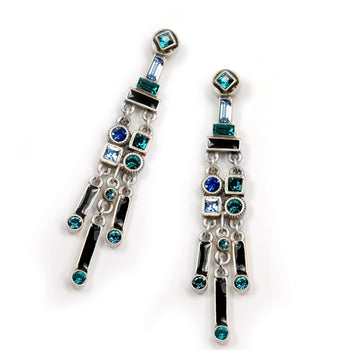 Art Deco Crystal Enamel Fringe Earrings - BL - Blue