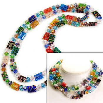 Long Millefiori Rectangle Knotted Beads Necklace