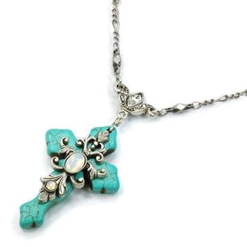 Turquoise Cross and Opal Stone Necklace