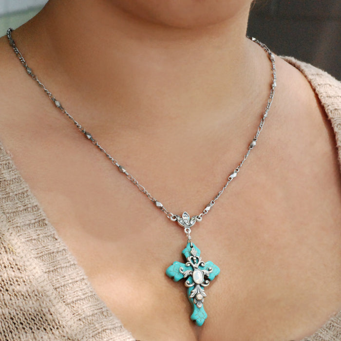 Turquoise Cross and Opal Stone Necklace