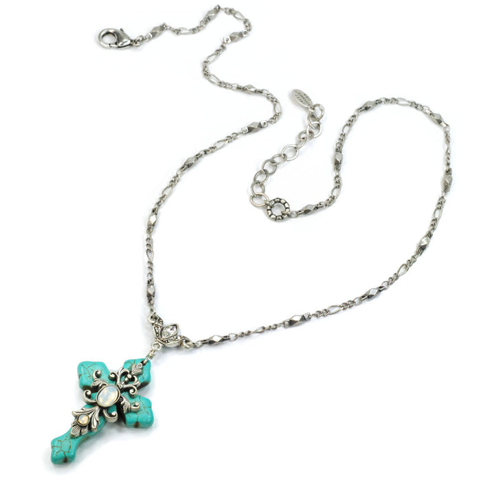 Turquoise Cross and Opal Stone Necklace