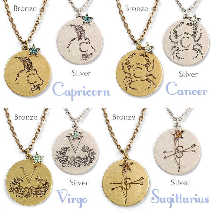 Retro Zodiac Coin Pendant Necklaces N1245-BZ-GM