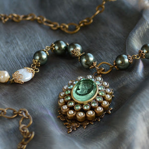 Forest Green Intaglio & Pearl Necklace