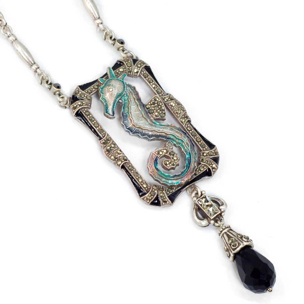 Art Deco Enamel Seahorse Marcasite Necklace N1293