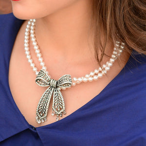 Crystal Bow Pearl Necklace
