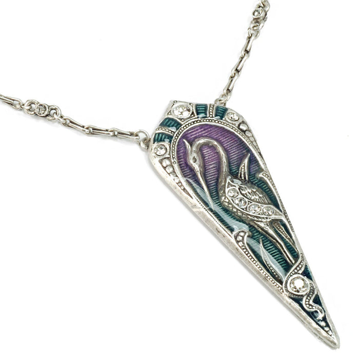 Art Nouveau Enamel Egret Bird Pendant Necklace N1328