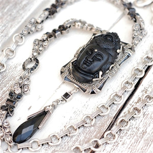 Art Deco Hand Carved Buddha GuanYin Black and Silver Necklace