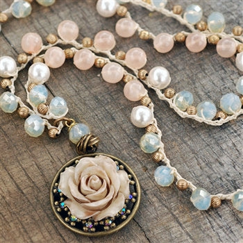 Peach Opal Dawn Beaded Necklace with Vintage Rose Pendant