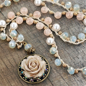 Peach Opal Dawn Beaded Necklace with Vintage Rose Pendant