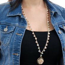 Load image into Gallery viewer, Peach and Pearls Beaded Necklace with Vintage Rose Pendant