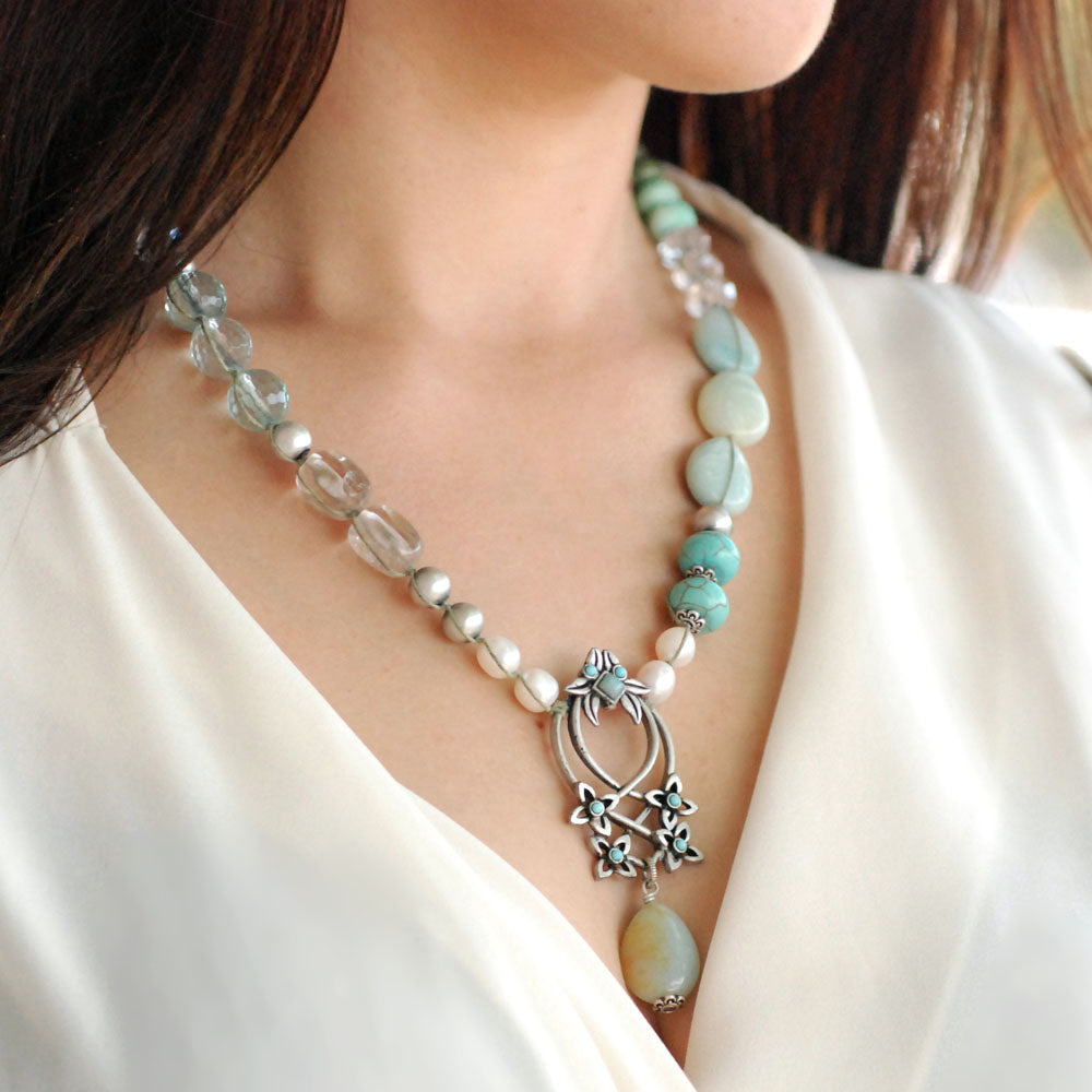 Boho Beach Gemstone and Pearl Necklace N1378