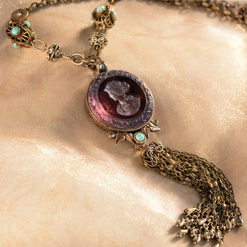 Amethyst Glass Intaglio Tassel Necklace N1396