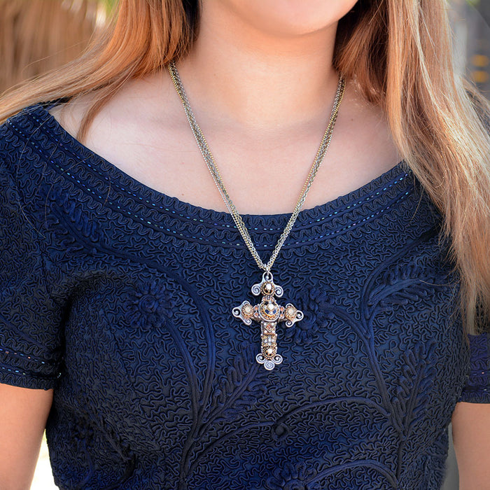 Vintage Jeweled Cross Necklace N1404