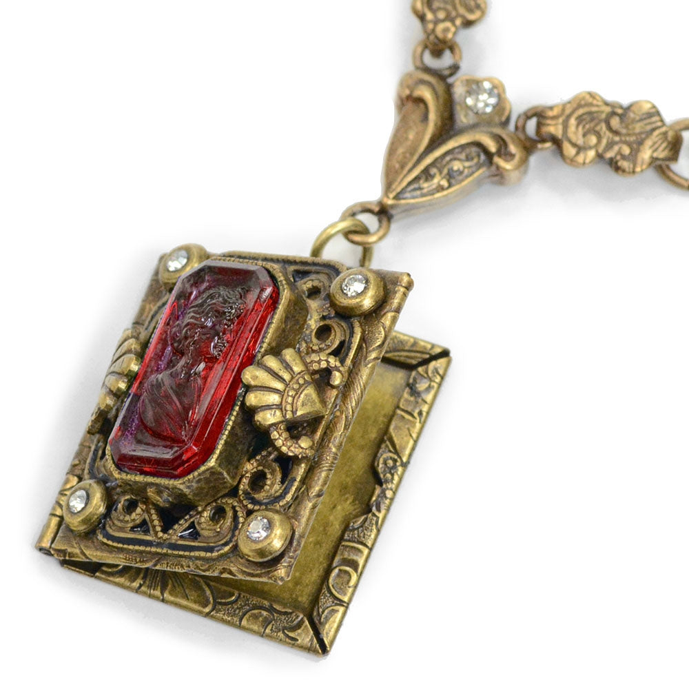 Red Intaglio Locket on Victorian Chain Necklace N1432-BZ