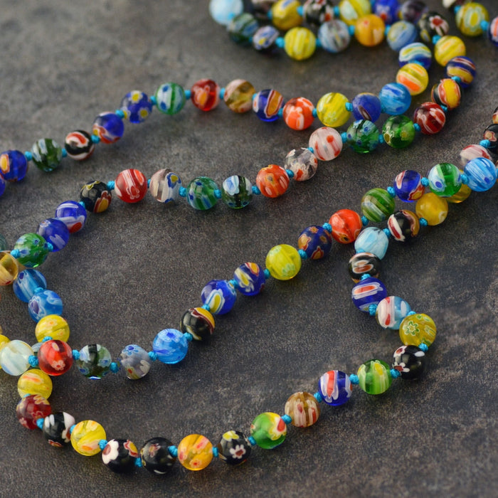 Millefiori Glass Round Knotted Beads Necklace