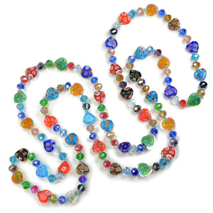 Millefiori Glass Hearts Knotted Beads Necklace