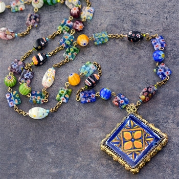 Millefiori Beads Talavera Tile Pendant Necklace