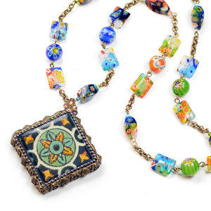 Millefiori Beads Talavera Tile Pendant Necklace