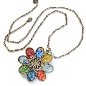 Millefiori Glass Candy Flower Pendant Vintage Necklace