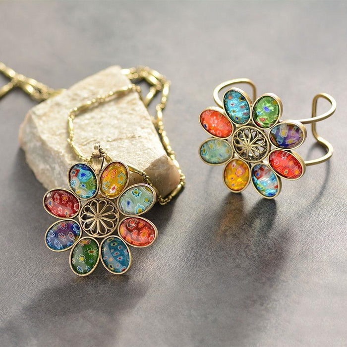 Millefiori Glass Candy Flower Pendant Vintage Necklace