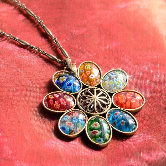 Millefiori Glass Candy Flower Pendant Vintage Necklace