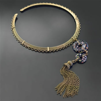 Black Millefiori Glass Modern Tassel Collar Necklace