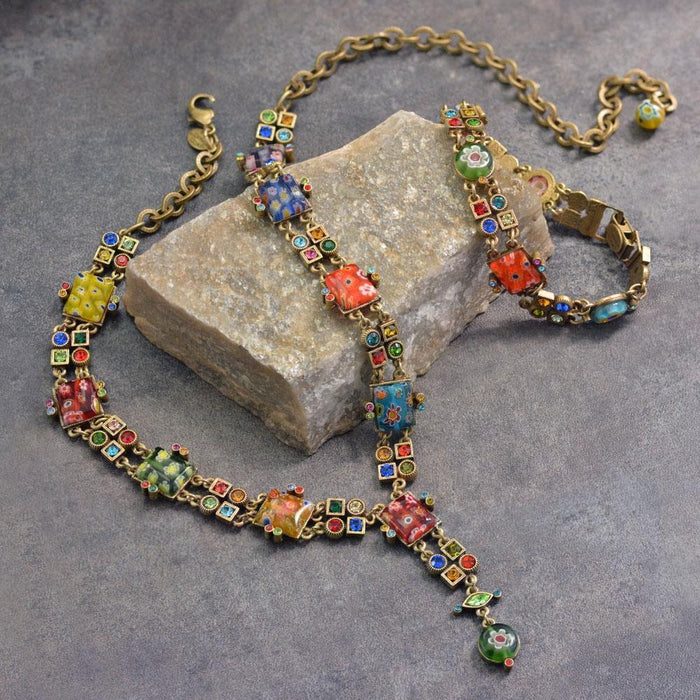 Millefiori Glass Geometric Link Y Necklace