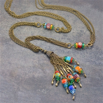 Millefiori Glass Candy Chain Tassel Necklace