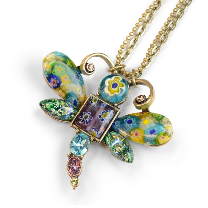 Millefiori Glass Dragonfly Pendant Necklace N1497-BG