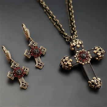 Victorian Black Cross Necklace & Earrings SET