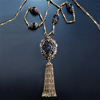 Antique Blue Glass & Enamel Tassel Necklace N1571
