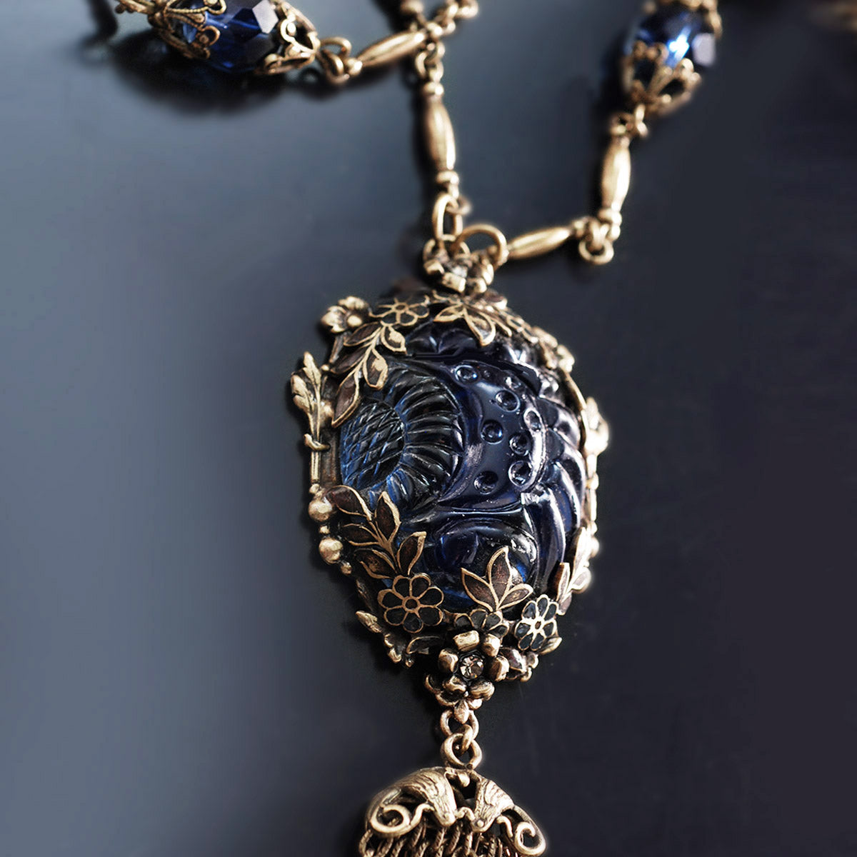 Antique Blue Glass & Enamel Tassel Necklace N1571