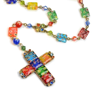 Millefiori Glass Candy Cross Rosary Necklace