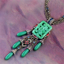 Load image into Gallery viewer, Art Deco Asian Vintage Green Jade Glass Fringe Necklace N3383