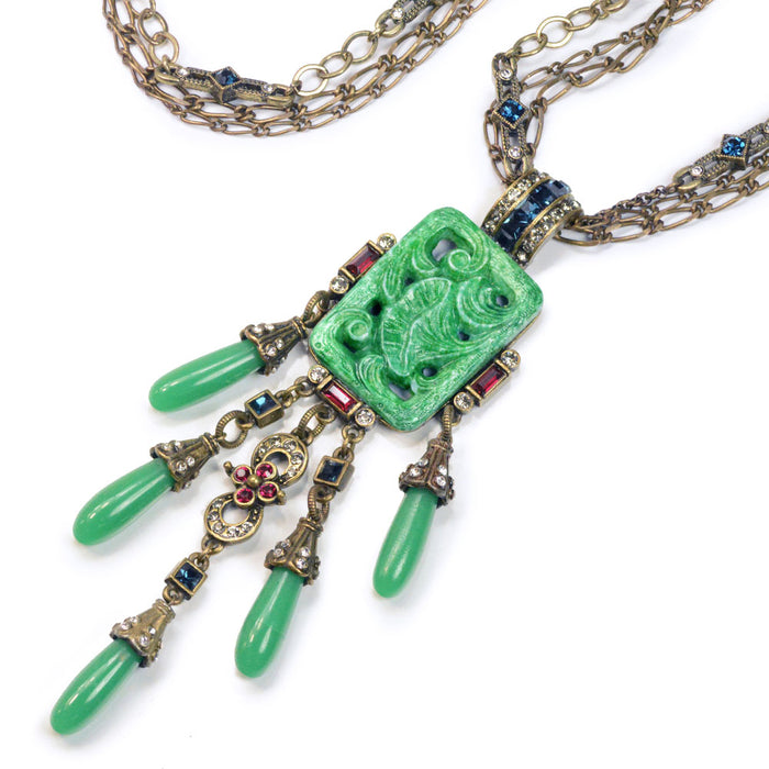 Art Deco Asian Vintage Jade Glass Fringe Necklace N3383